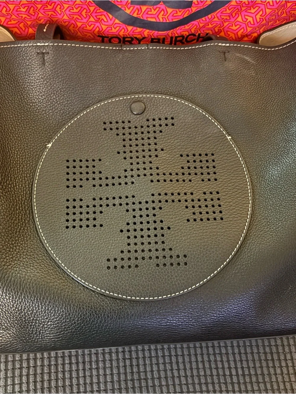 Tory Burch Black Perforated Logo Pebbled Leather Tote